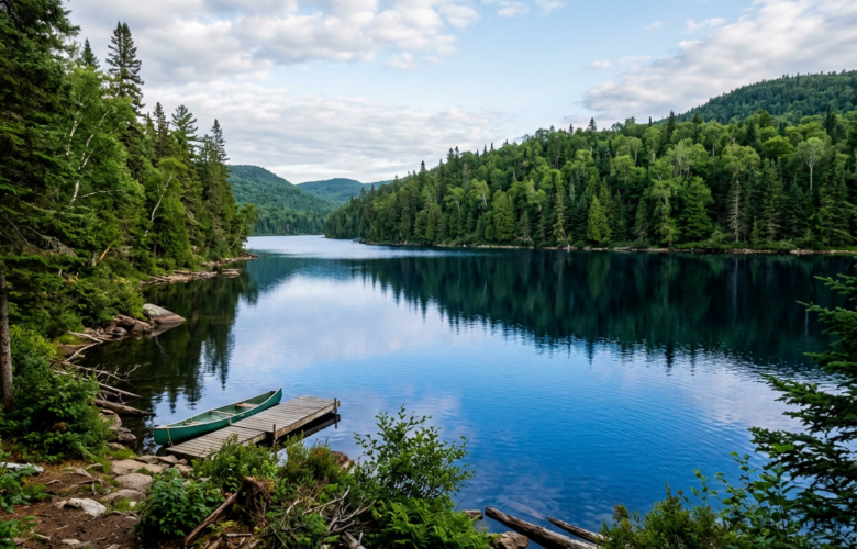 Calm lake bordered by dense green forest with a green canoe on a wooden dock