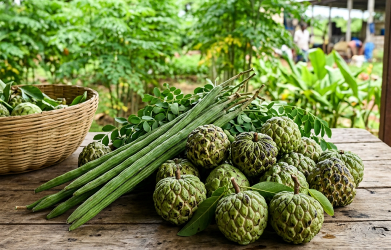 Custard apples and long green vegetables displayed on a wooden market table